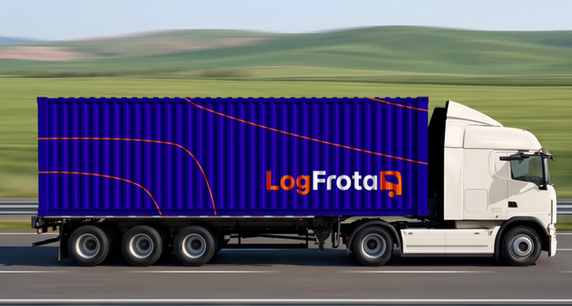 Caminhão da LogFrota com container azul na estrada
