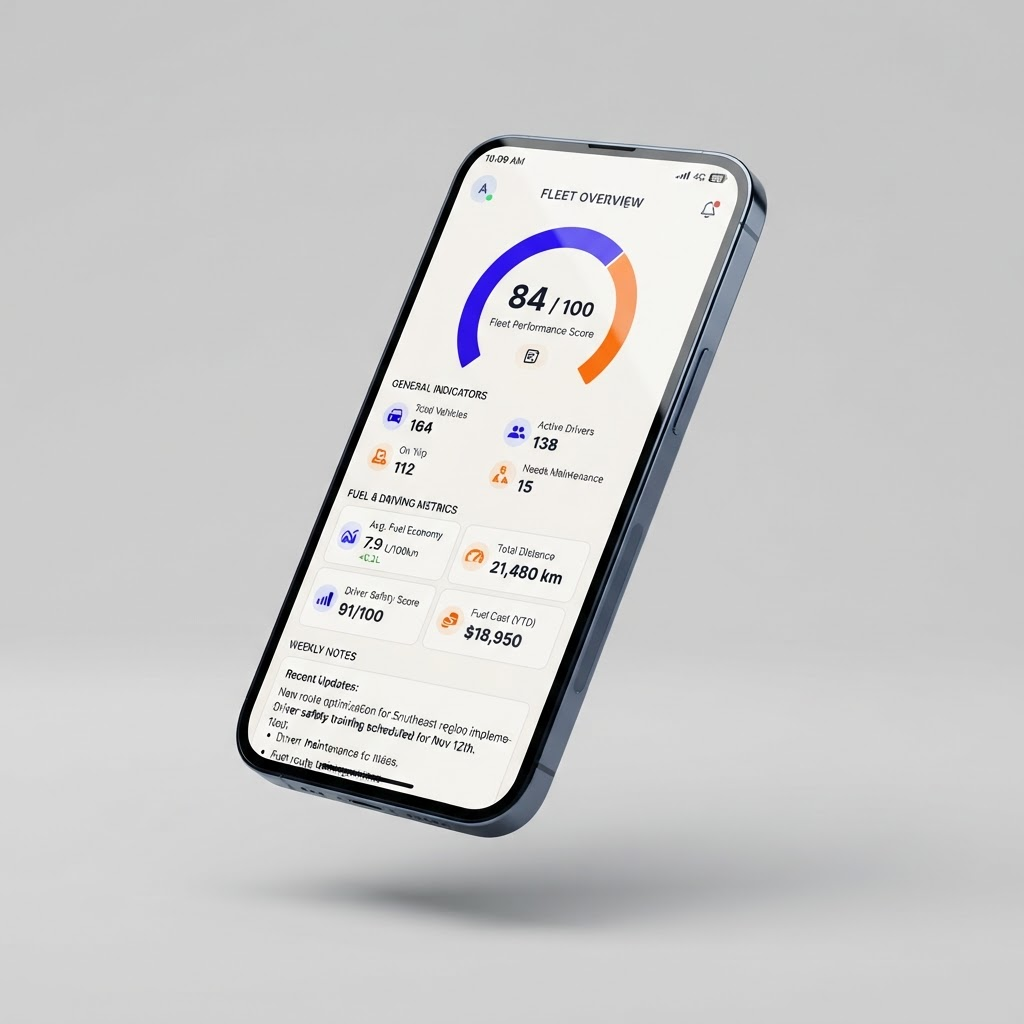 App LogFrota mostrando indicadores de consumo